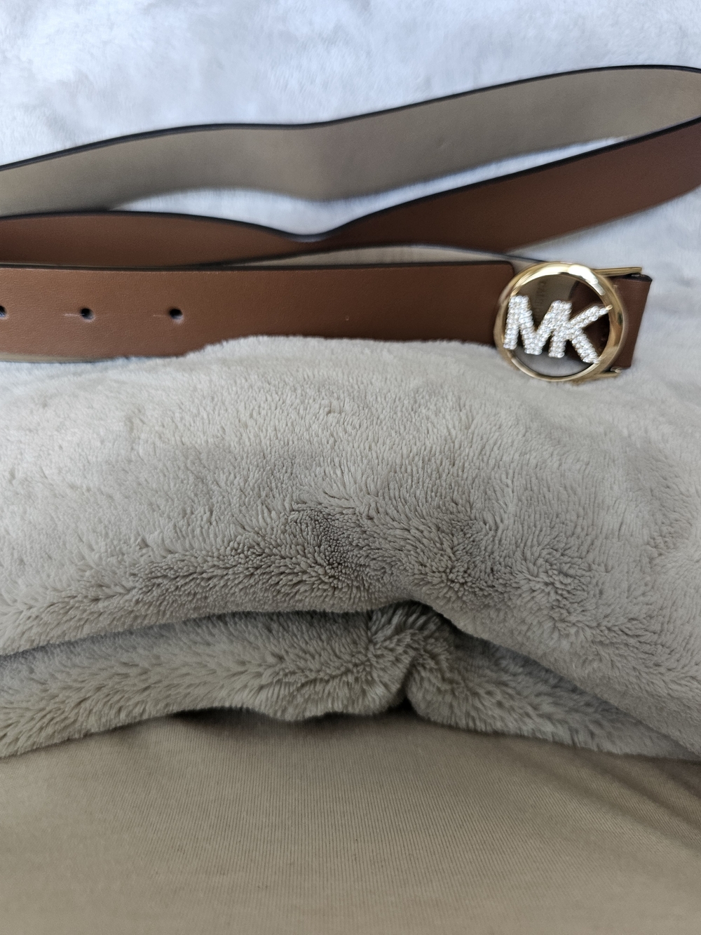 Michael Kors Pave Logo Belt In Luggage Brown, Size L/XL